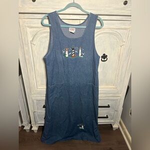 Vintage 90’s Denim Lighthouse Embroidered Maxi Dress Grandma Cottagecore Beach